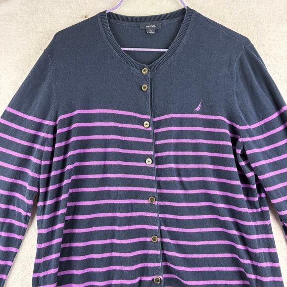 Nautica Button Up Long Sleeve Sweater Women's XL Navy & Purple Striped Dark Prep - Picture 4 of 10